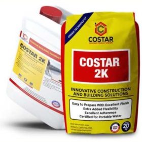 COSTAR 2K – TWO COMPONENT CEMENTITIOUS WATERPROOFING MEMBRANE  suitable for Indoor, Outdoor, Horizontal and vertical application. All wet areas such as bathrooms, swimming pools, terraces, kitchen, water tanks & balcony.